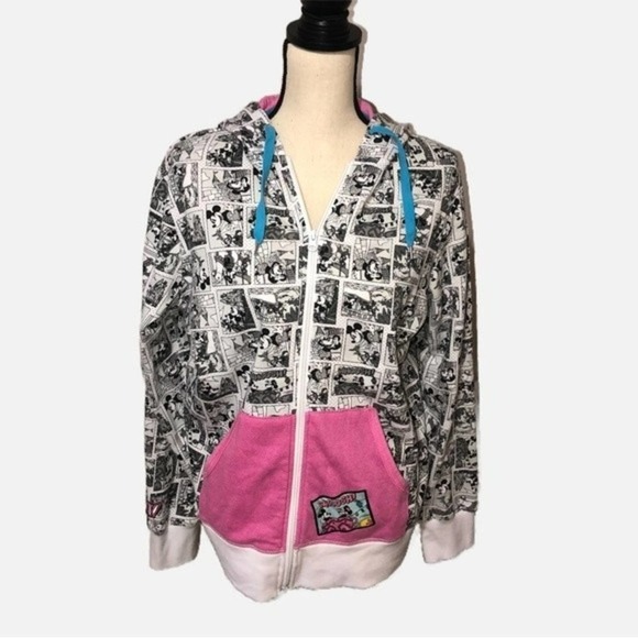 Disney Parks Vintage Comic Strip Print Mickey Minnie Zip Hoodie Size XL Pink - Picture 1 of 9